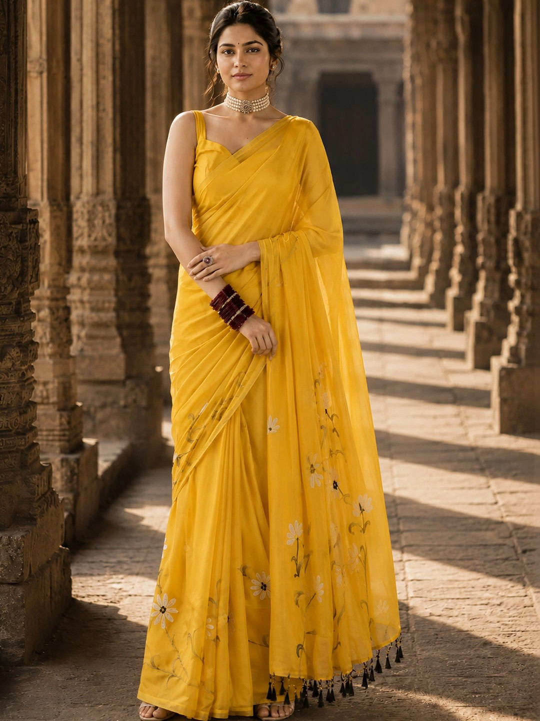 AMRUTKALA SAREES Linen Blend Designer Block Print Saree