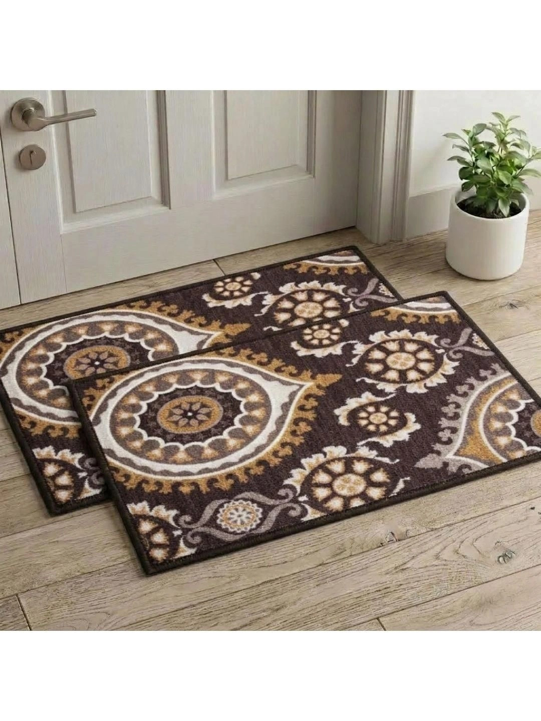 Athom Trendz Brown & Beige 2 Pieces Floral Printed Anti Slip Doormat 57x37cm