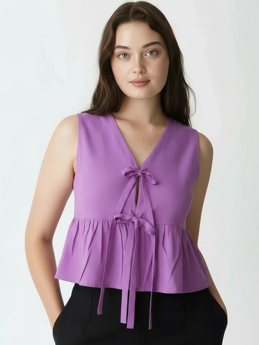 DressBerry Women Linen Solid Front Bow Peplum Top