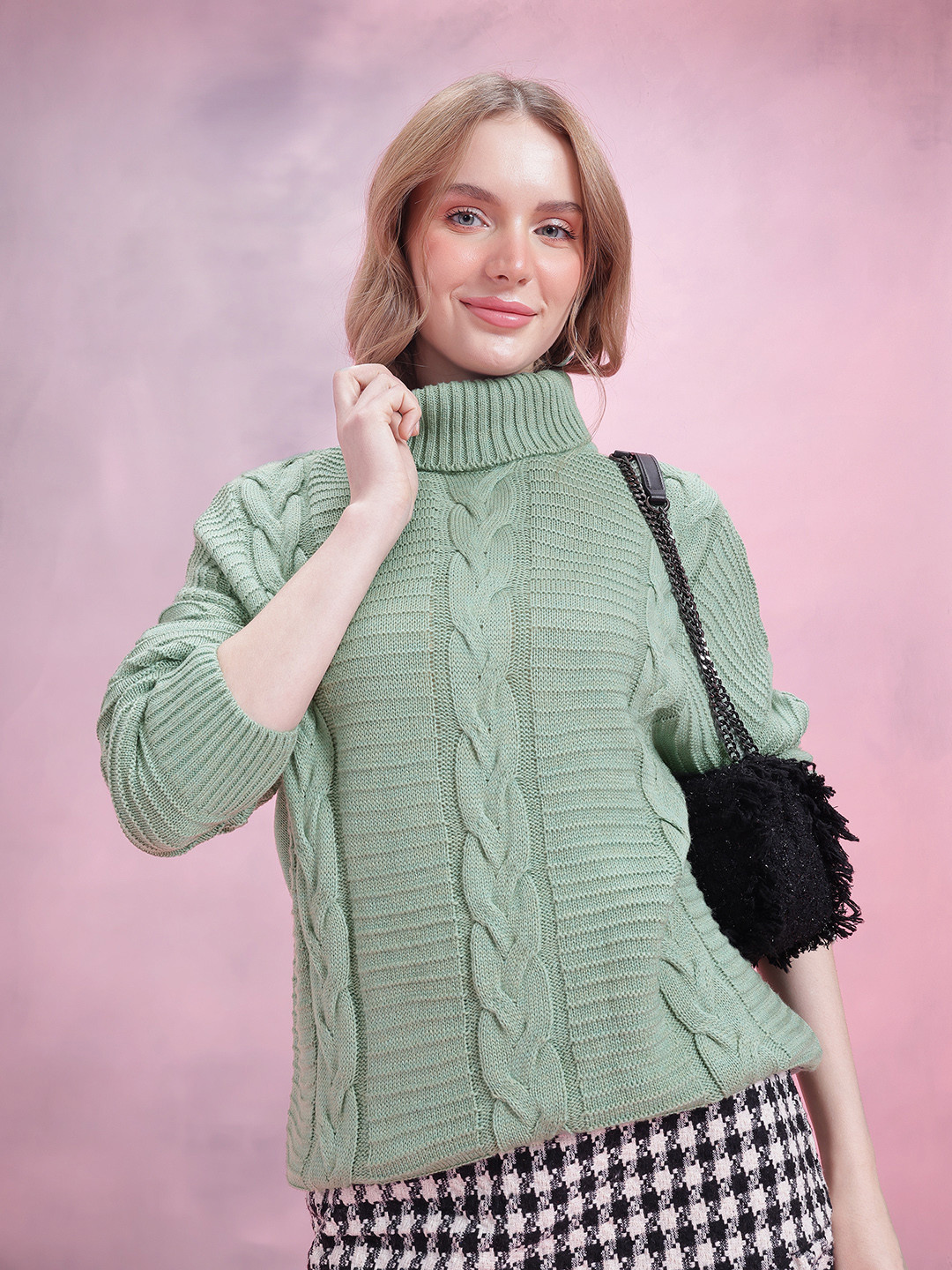 DressBerry Cable Knit Turtle Neck Drop-Shoulder Sleeves Oversized Acrylic Pullover