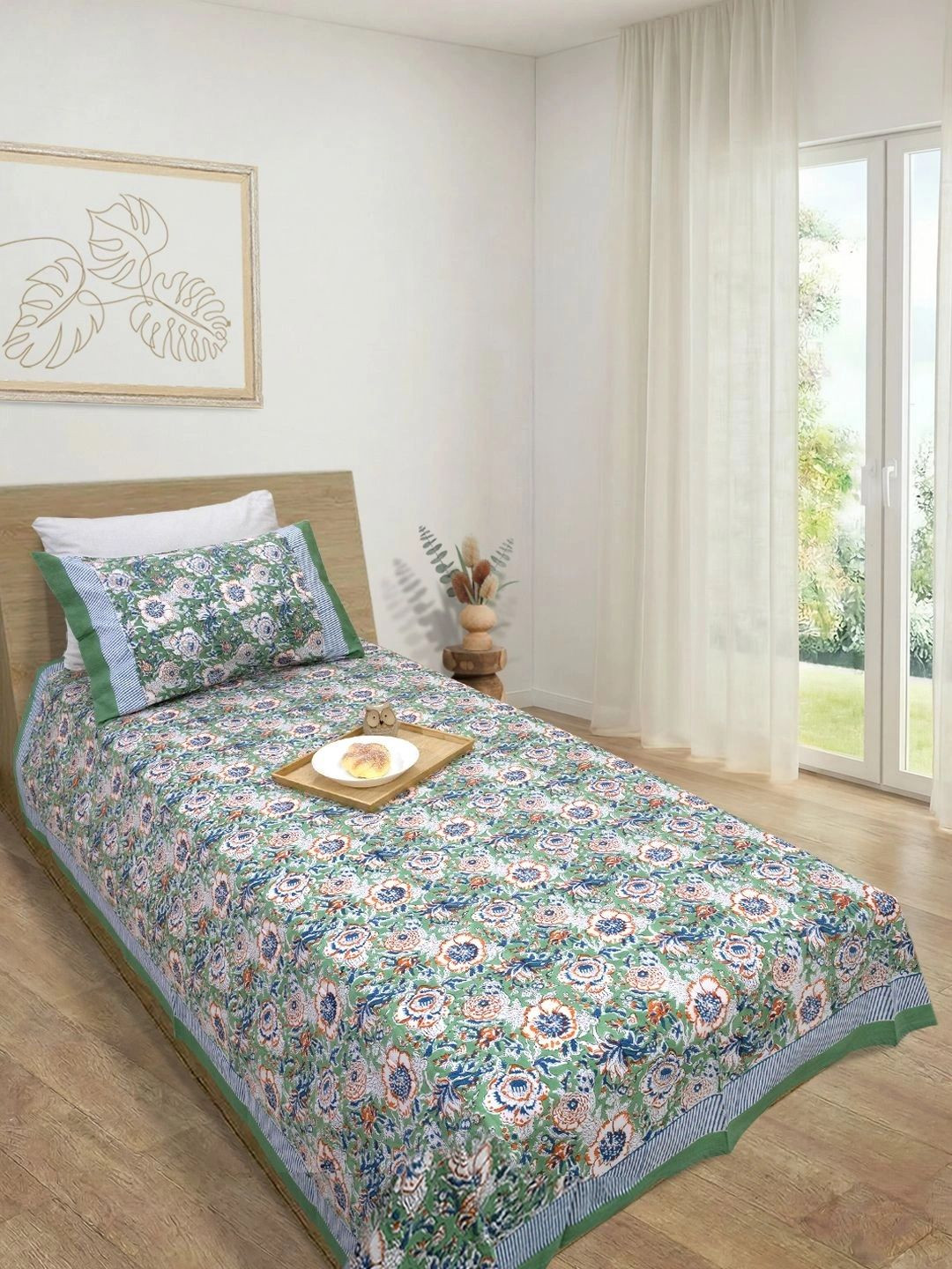 TOAI Green & White Floral 300 TC Single Bedsheet with 1 Pillow Covers