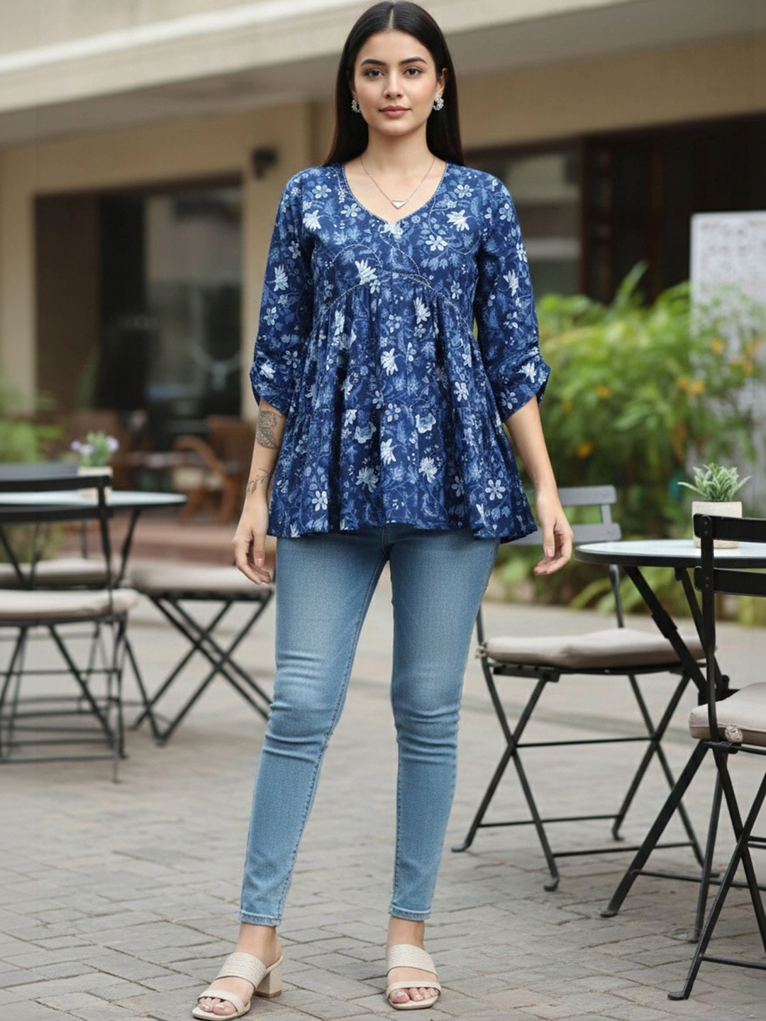 Moda Rapido Floral Printed V-Neck Pure Cotton Blend Kurti