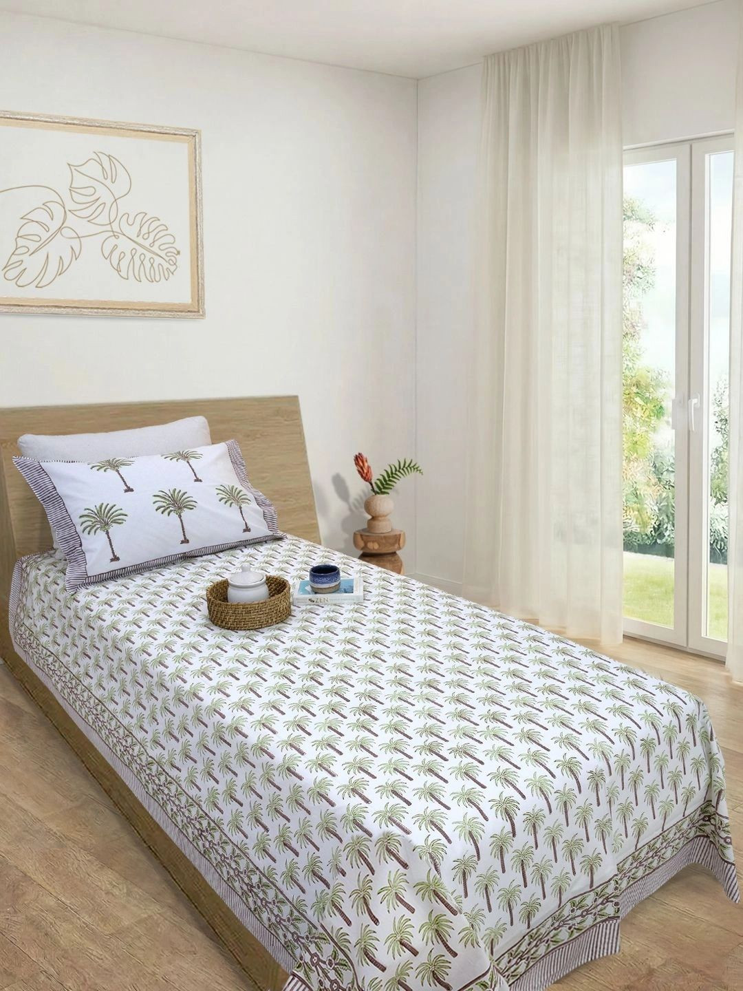 TOAI White & Green 300 TC Single Bedsheet with 1 Pillow Covers