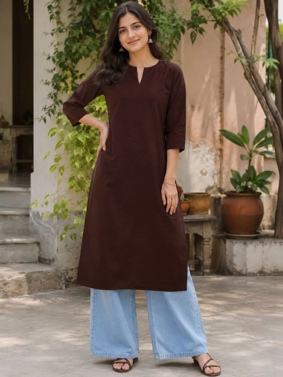 swingal Women Chocolate Brown Solid Pure Cotton Straight Kurta