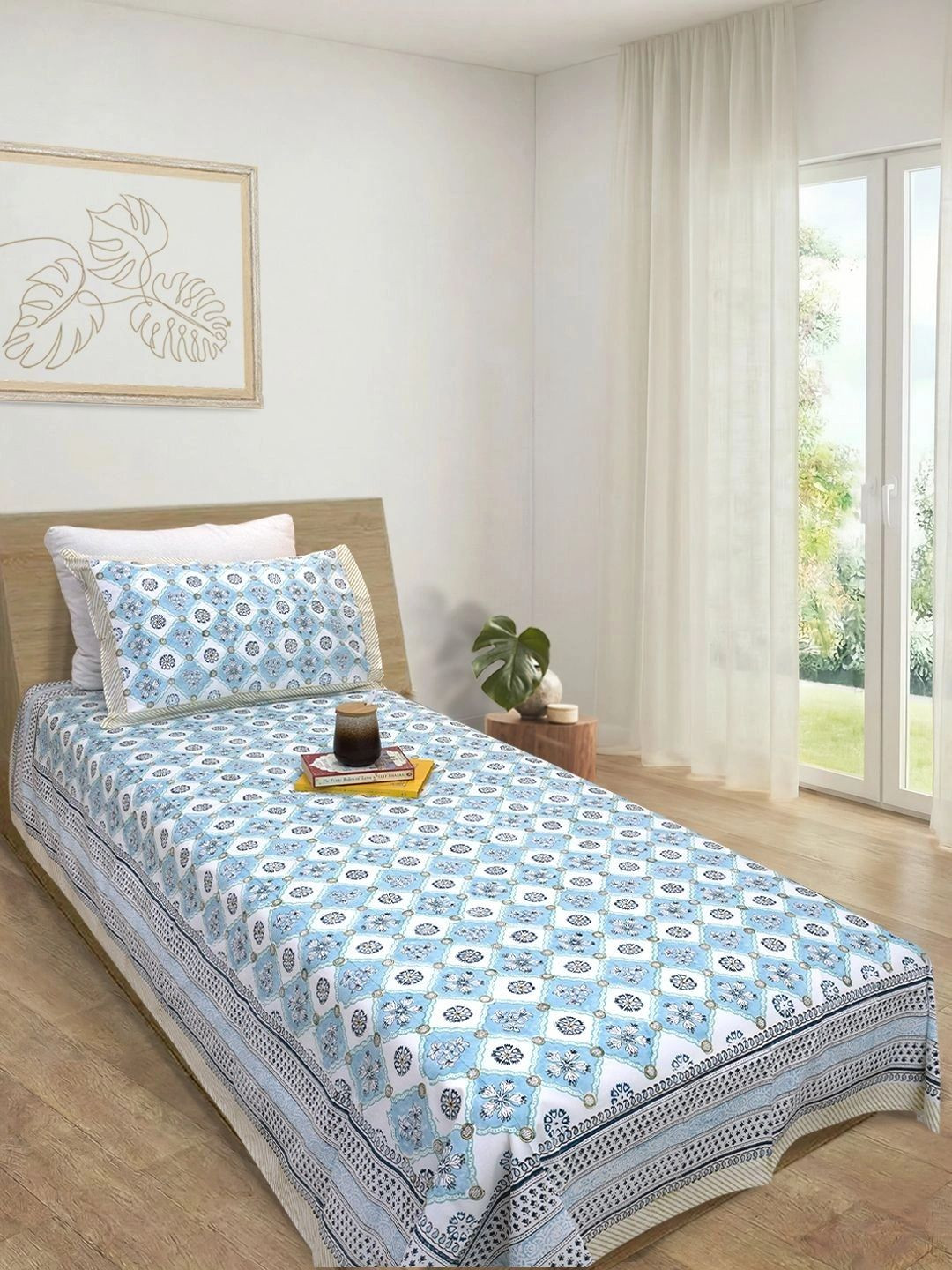 TOAI White & Blue Floral 300 TC Single Bedsheet with 1 Pillow Covers