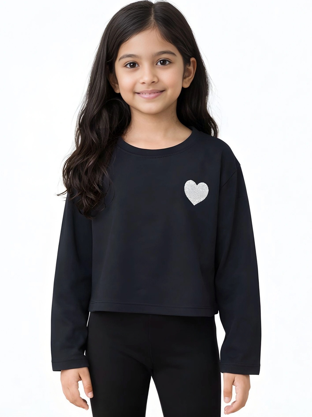 Anthrilo Girls Silver Black Crop Solid Cotton Round Neck Long Sleeves T-shirt