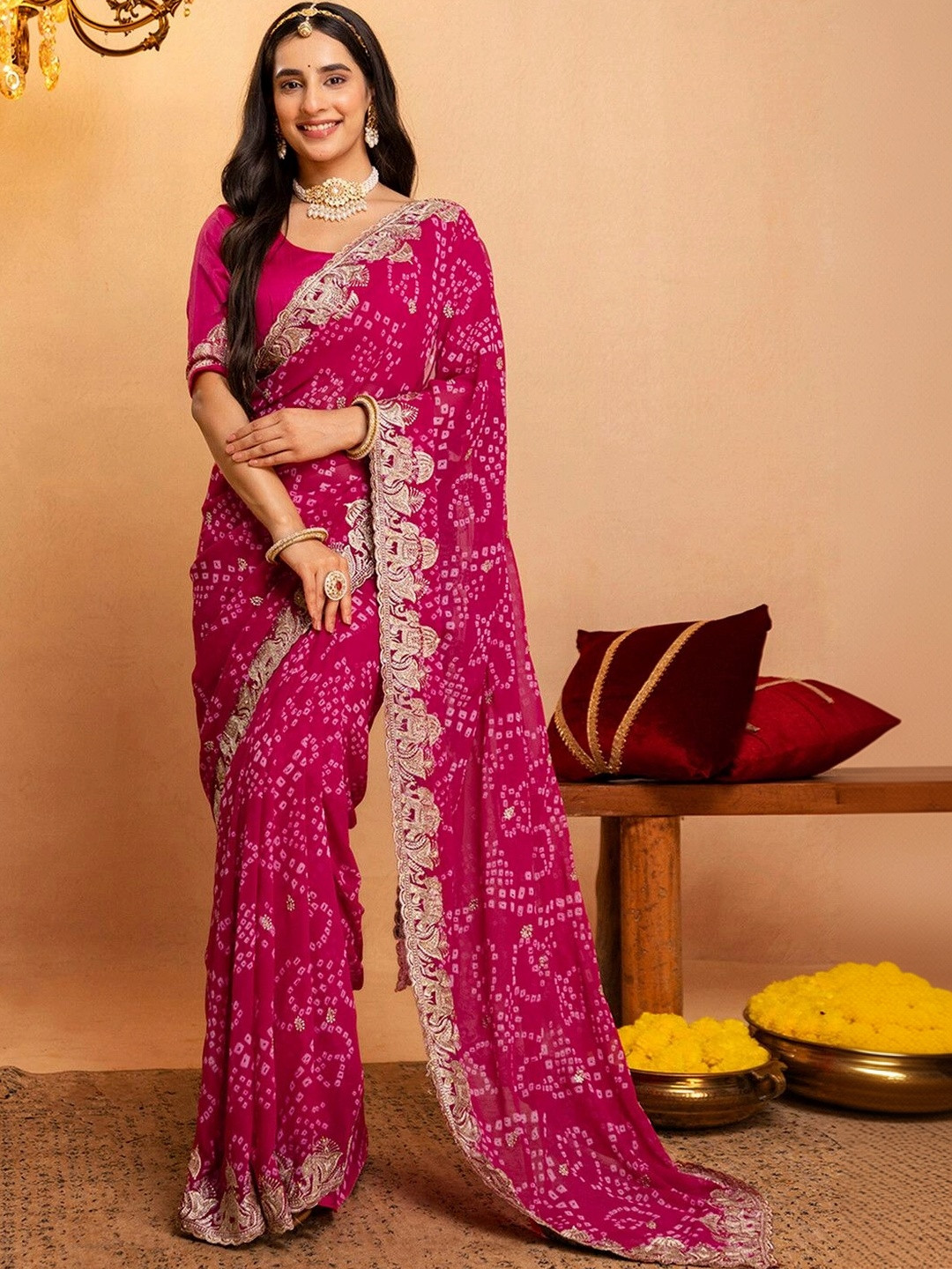 Satrani Bandhani Zari Pure Georgette Saree