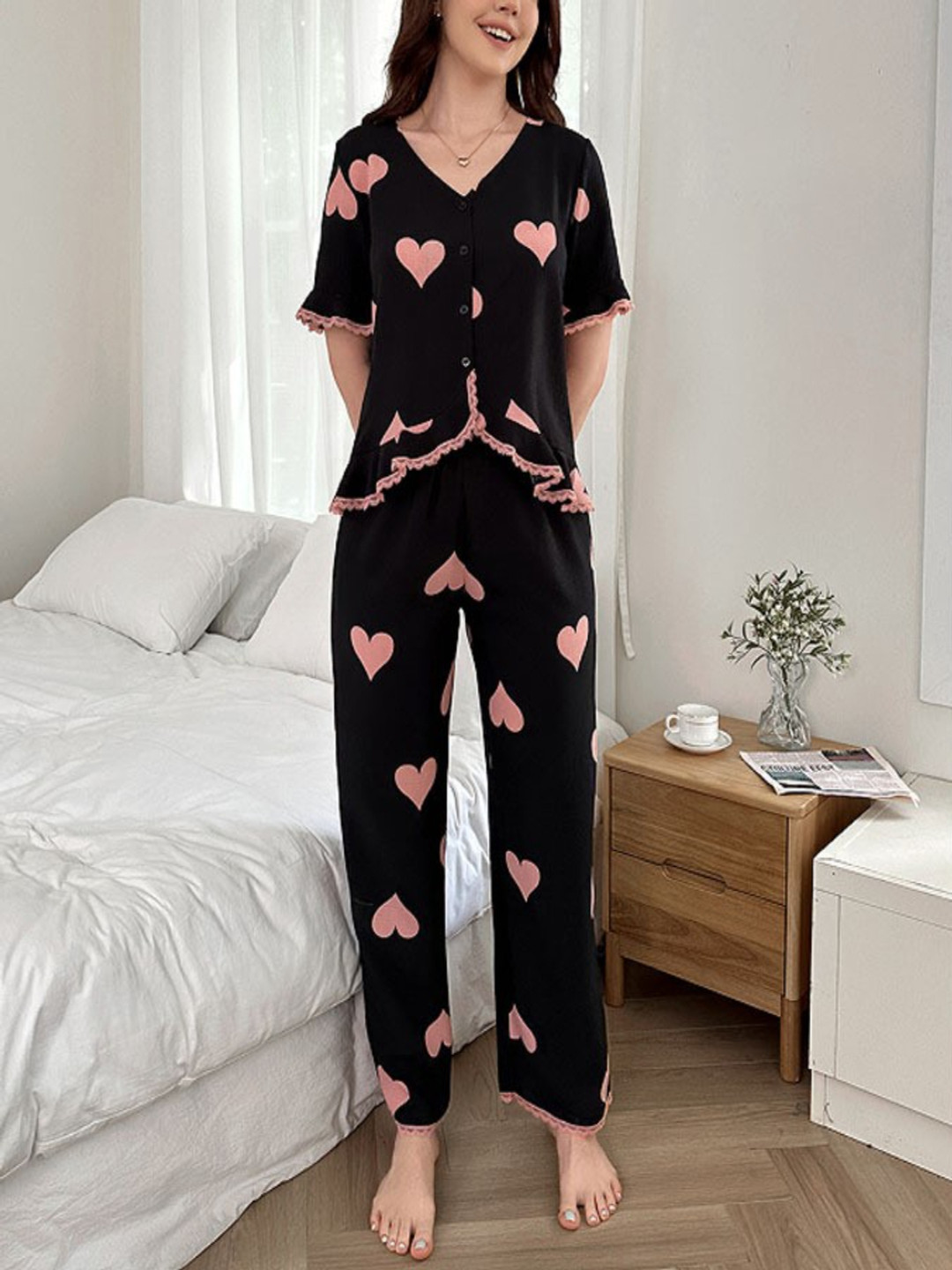 Sweetheart Print Short Sleeve Button-Up Pajama Set with Scalloped Lace Trim