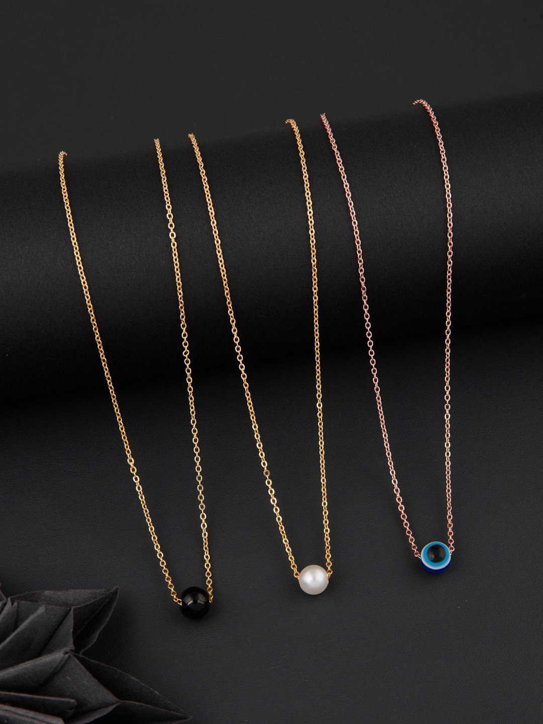 DressBerry Set Of 3 Silver Toned Gold-Plated Artificial Beads Feather Chains