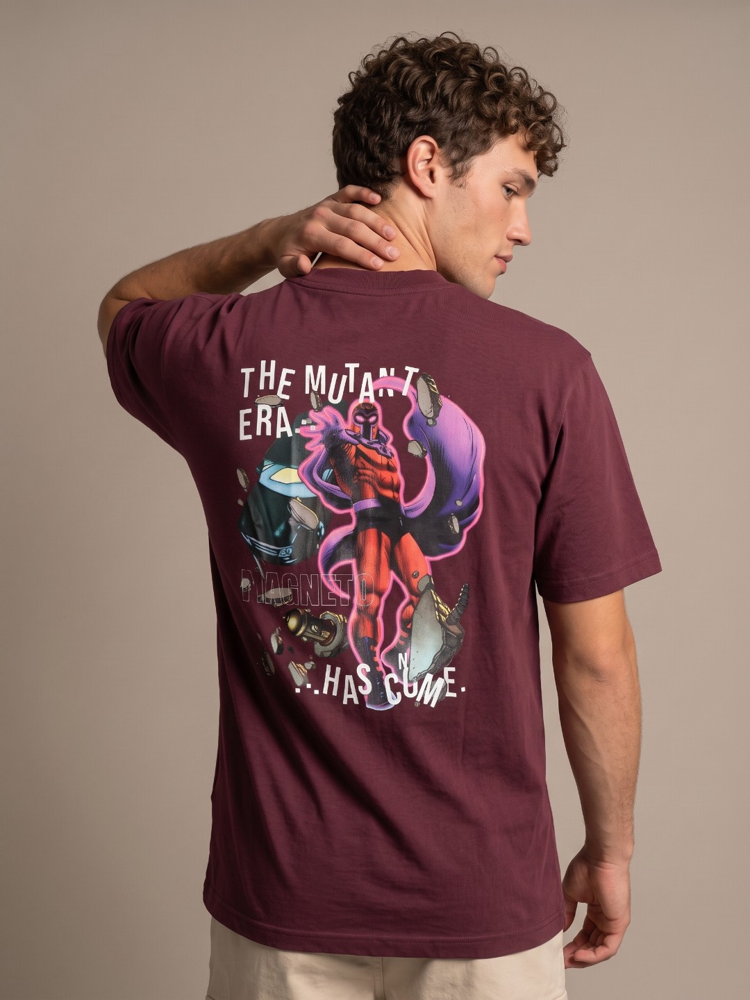 Burgundy Graphic Magneto Printed Relaxed Fit T-shirt