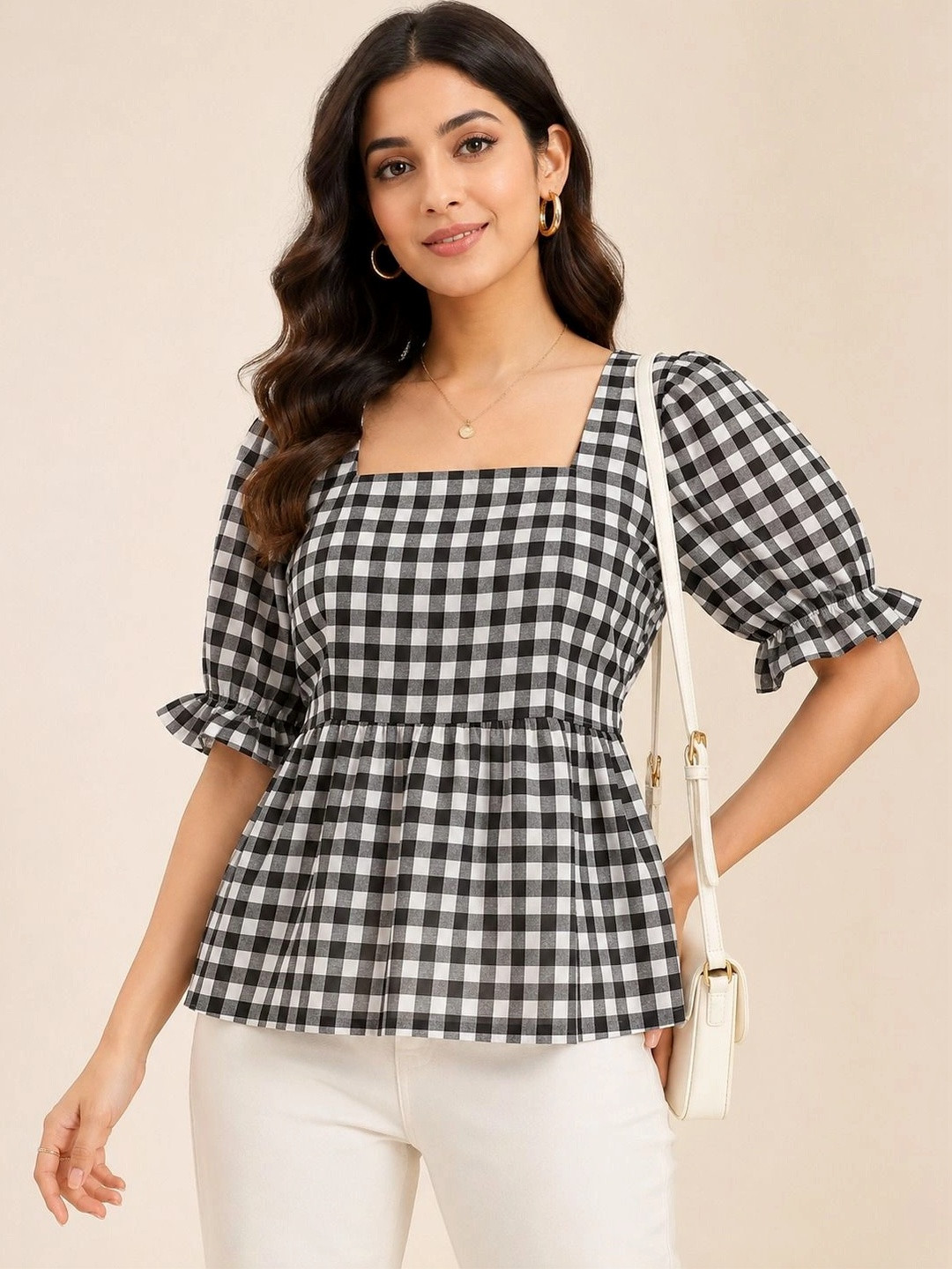 ROSEMELON Checked Puff Sleeve Ruffles Cotton Peplum Top