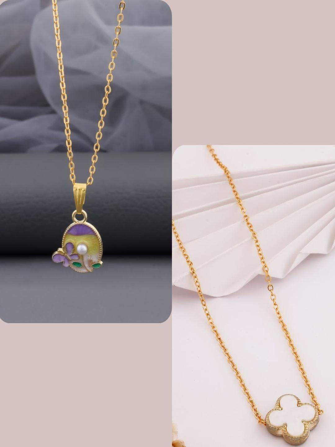 DressBerry Set Of 2 Gold-Plated Brass Minimal Artificial Beads Necklace