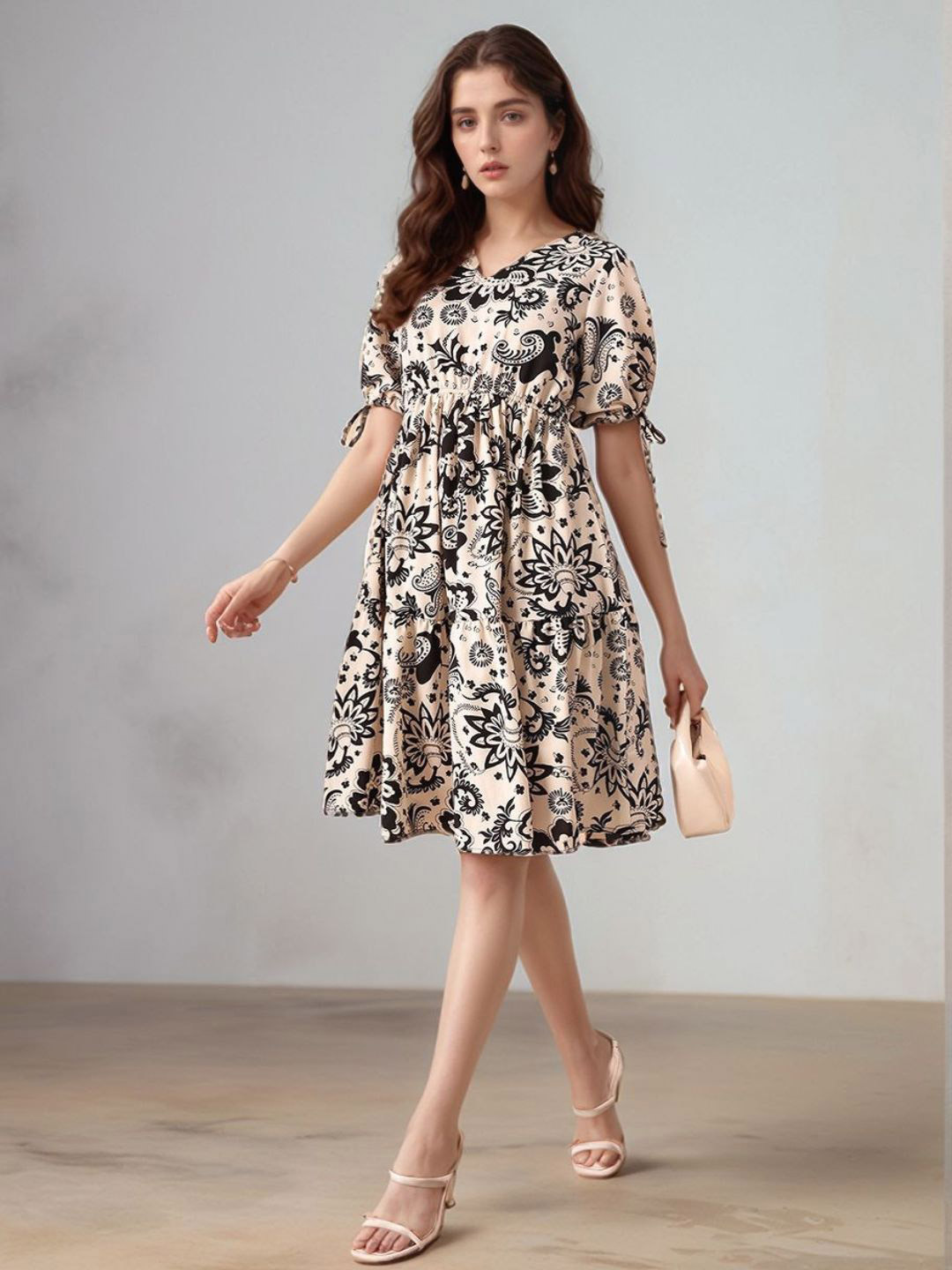 DressBerry Floral Print Puff Sleeve Fit & Flare Dress