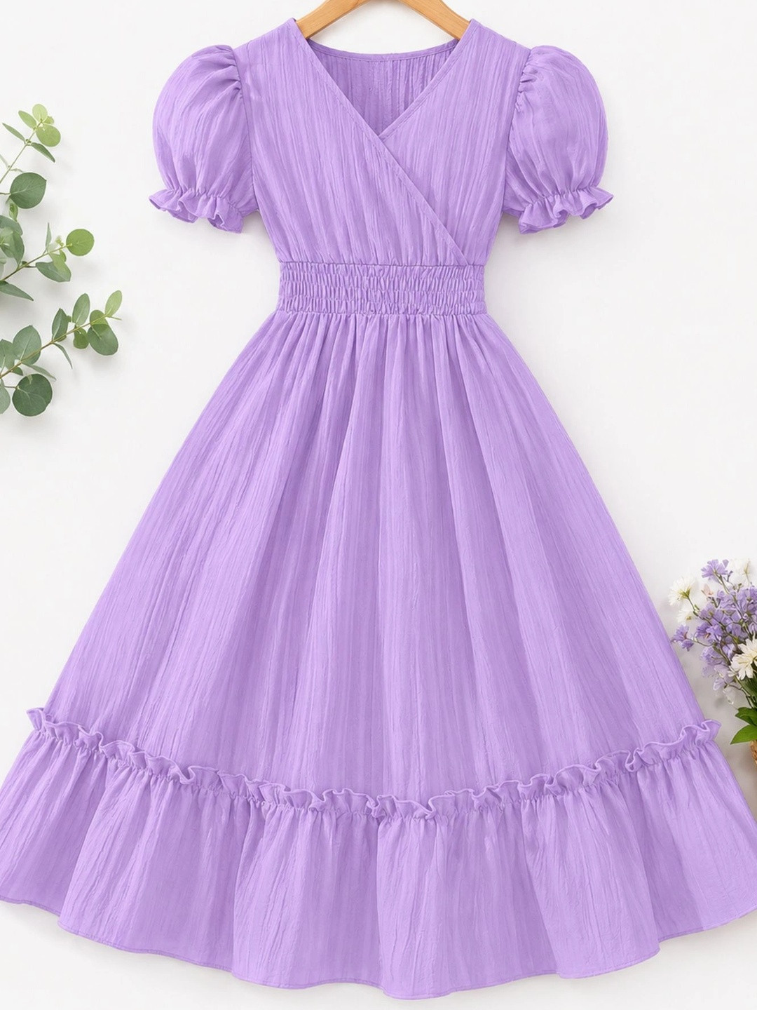 MENSBIT Puff Sleeve Ruffled A-Line Midi Dress