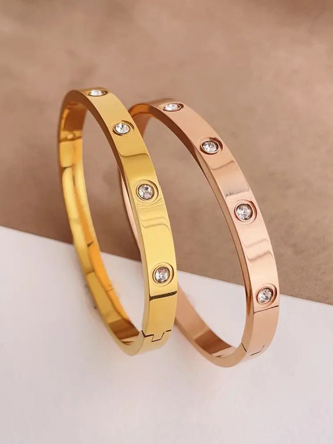 DressBerry Women 2 American Diamond Antique Rose Gold-Plated Kada Bracelet