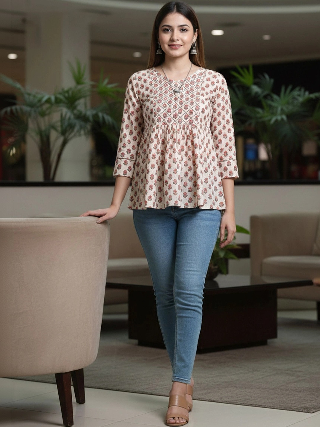 Moda Rapido Ethnic Motifs Printed V-Neck Thread Work Pure Cotton Blend Thread Work Empire Kurti