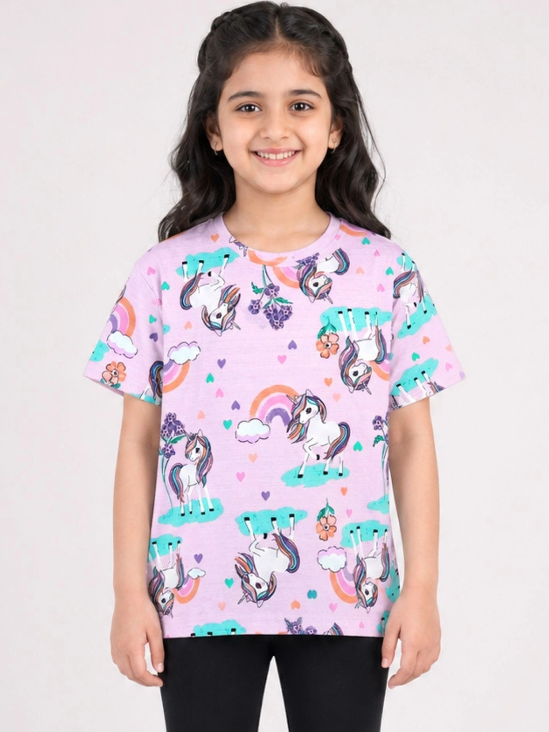 Anthrilo Girls Conversational Unicorn Heart Pink Printed Pure Cotton Short Sleeves T-shirt