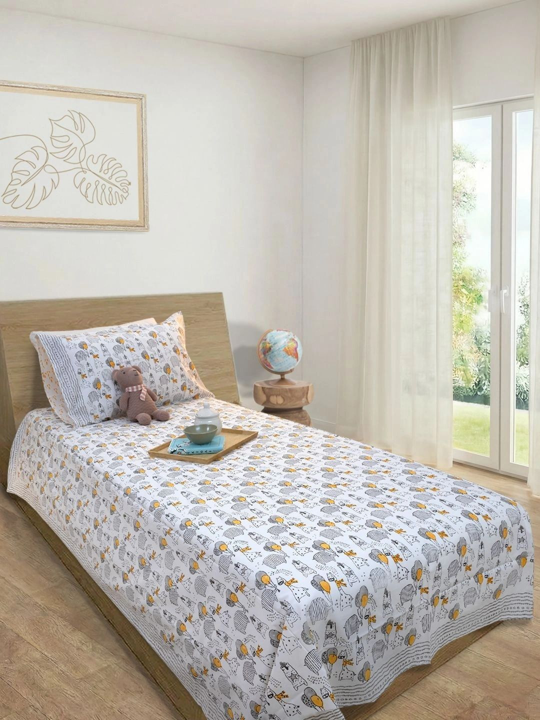 TOAI White & Black Conversational 300 TC Single Bedsheet with 1 Pillow Covers