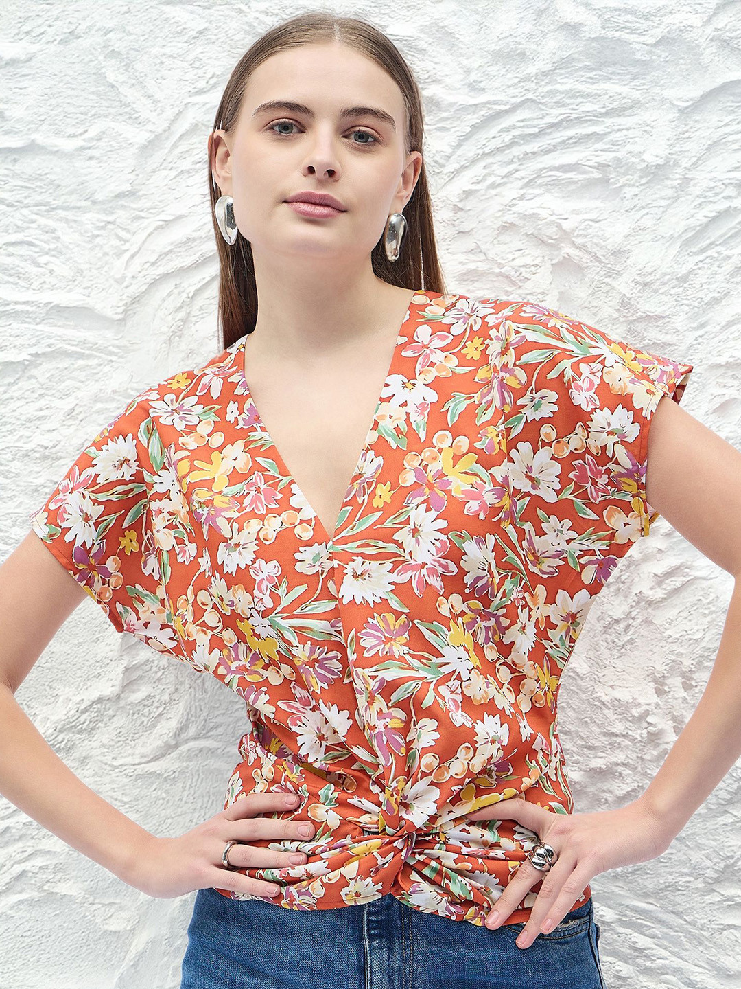 DressBerry Women Floral Printed Extended Sleeves Twisted Crepe Top