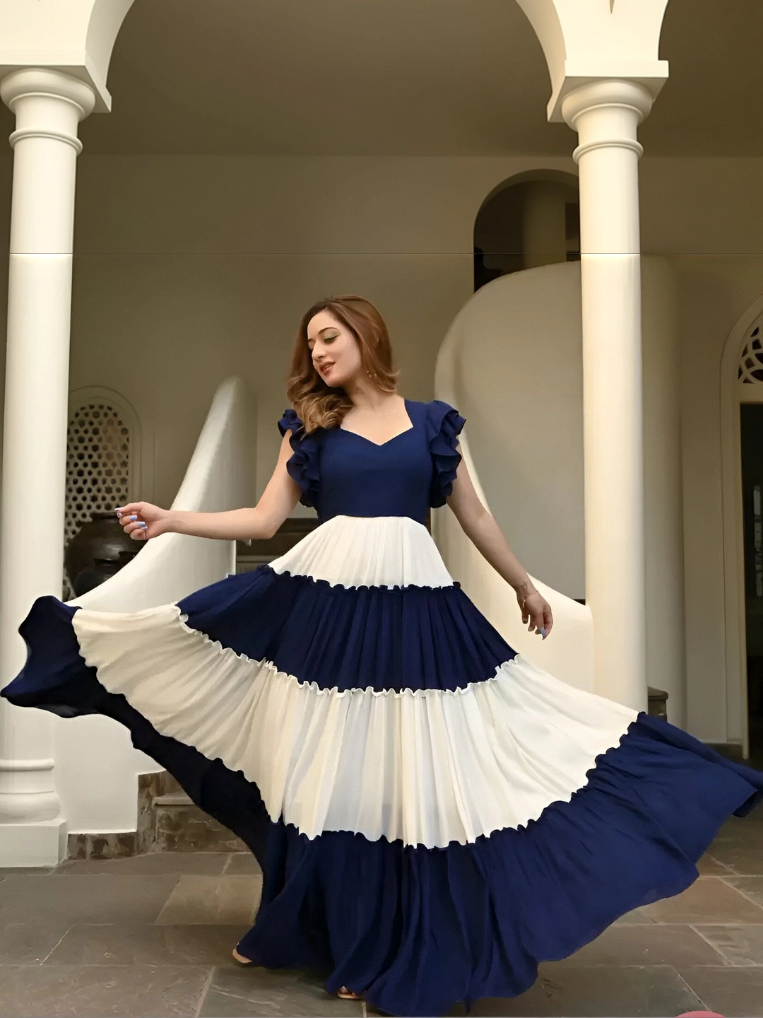 NAVYAAZRI Colourblocked V-Neck A-Line Ethnic Dresses