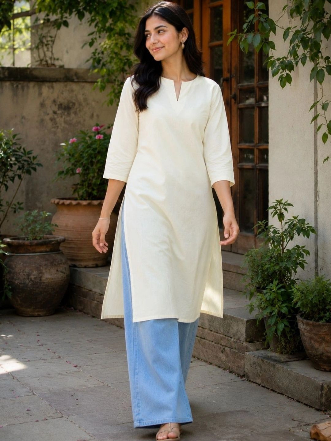 swingal Women Ivory Solid Pure Cotton Straight Kurta