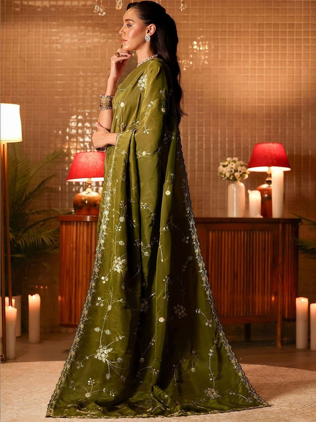 Libas Bottle Green Embellished Silk Blend Saree