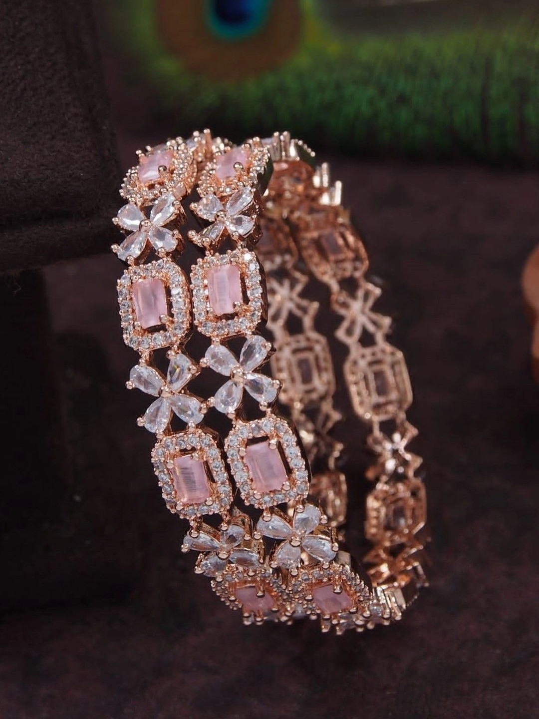 SGA FASHION Set Of 2 Floral American Diamond Studded Bangles