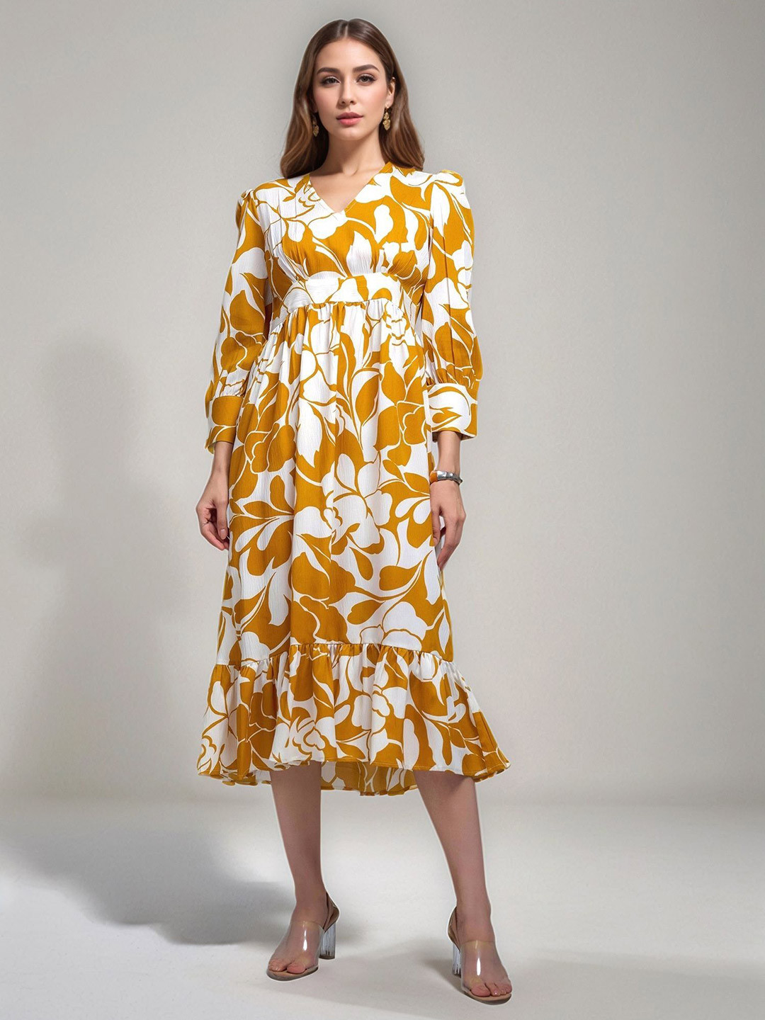 DressBerry Floral Print Cuffed Sleeves Fit & Flare Midi Dress