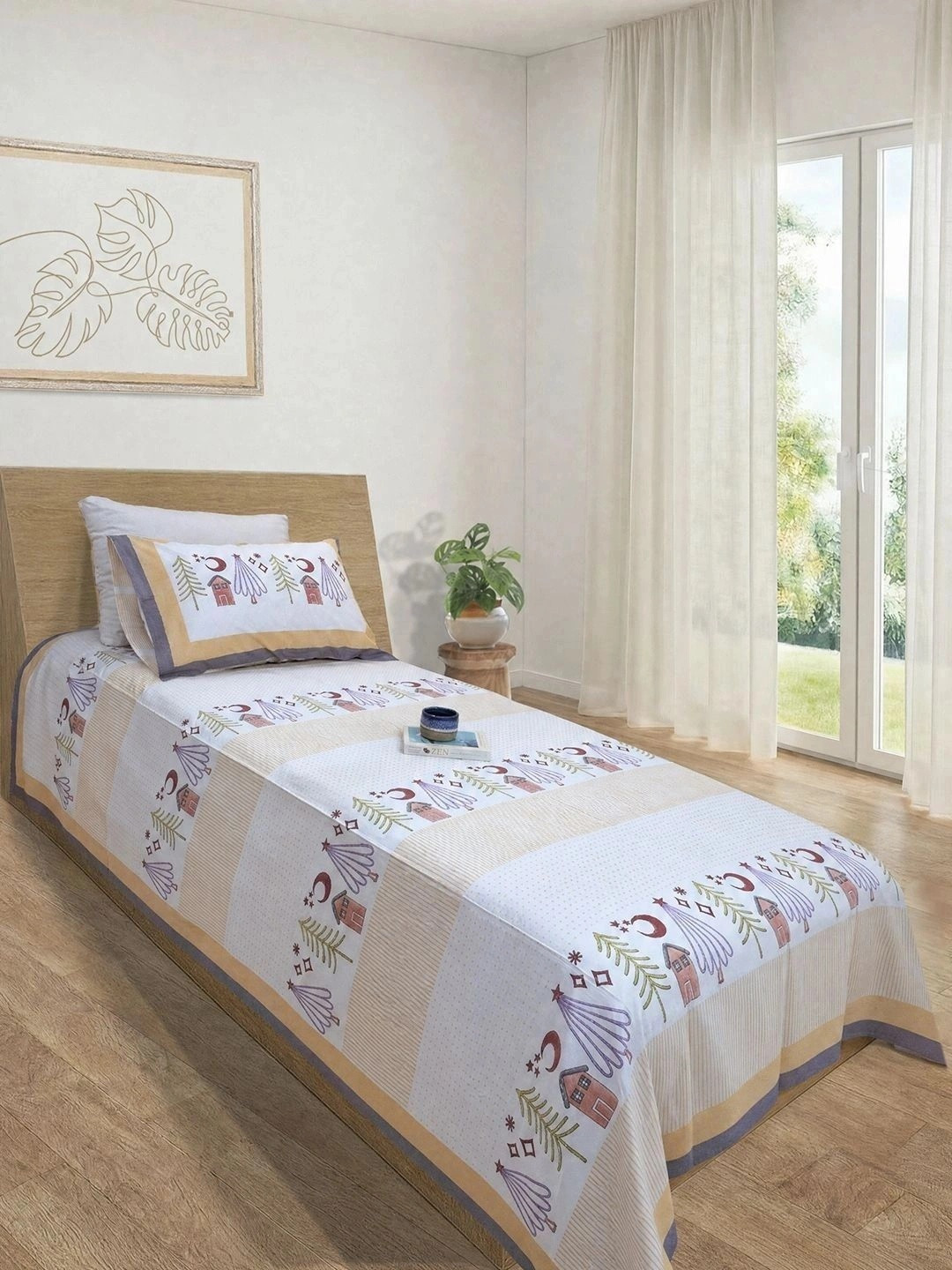 TOAI White & Orange Conversational 300 TC Single Bedsheet with 1 Pillow Covers