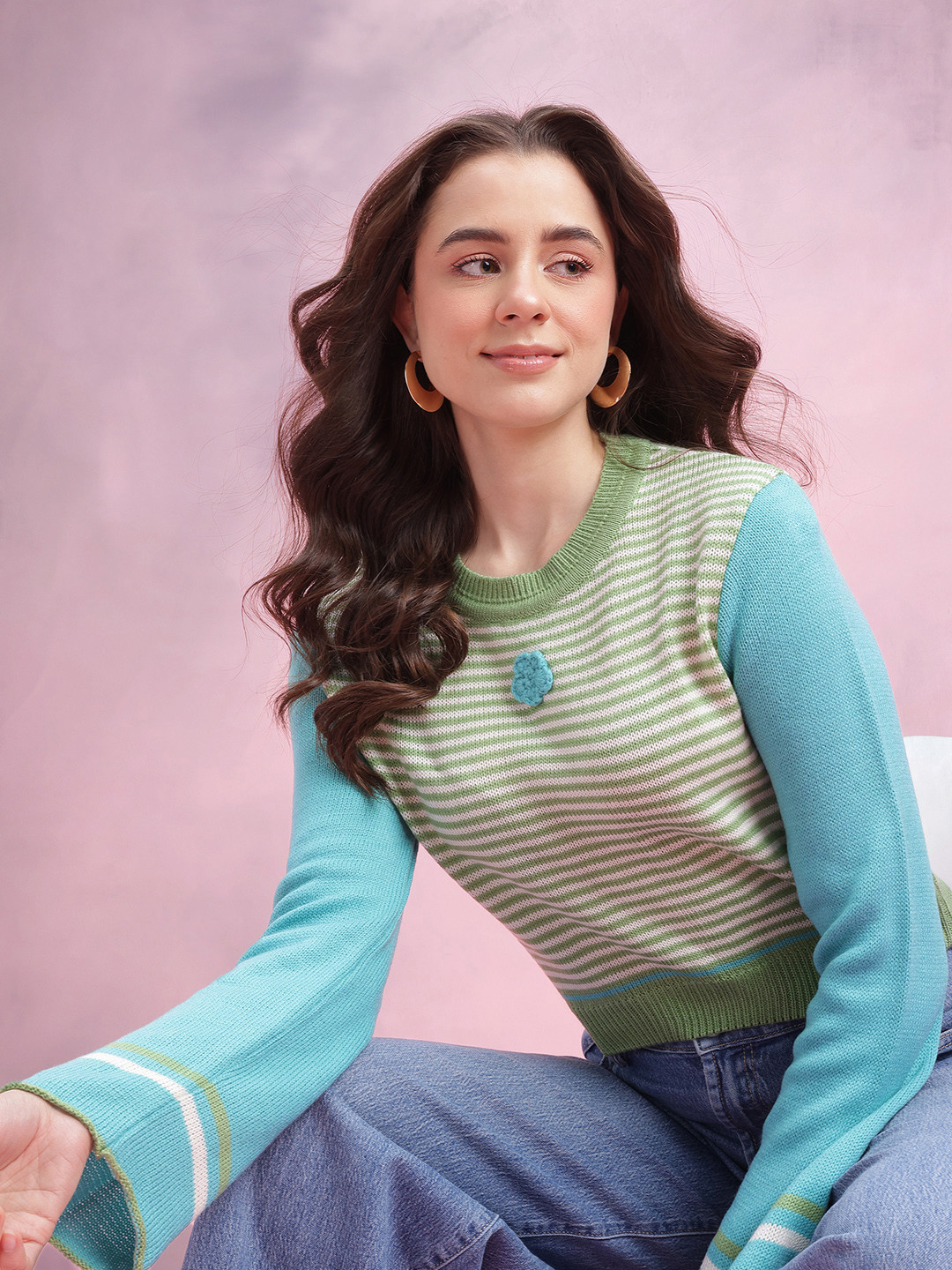 DressBerry Acrylic Striped Crop Pullover with Applique Detail