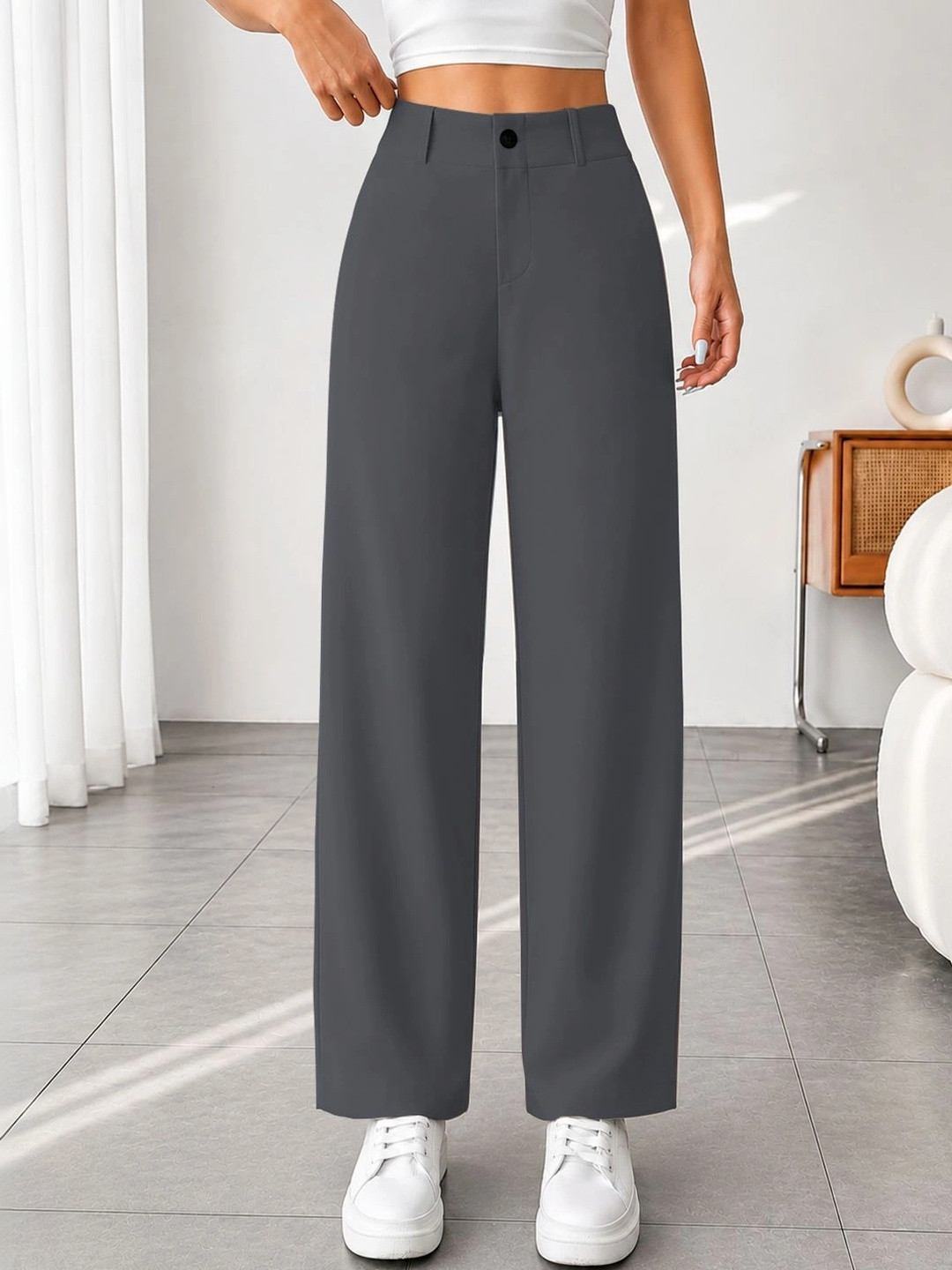 CREZYVEZY Solid Straight Fit High-Rise Ribbed Flat-Front Trouser