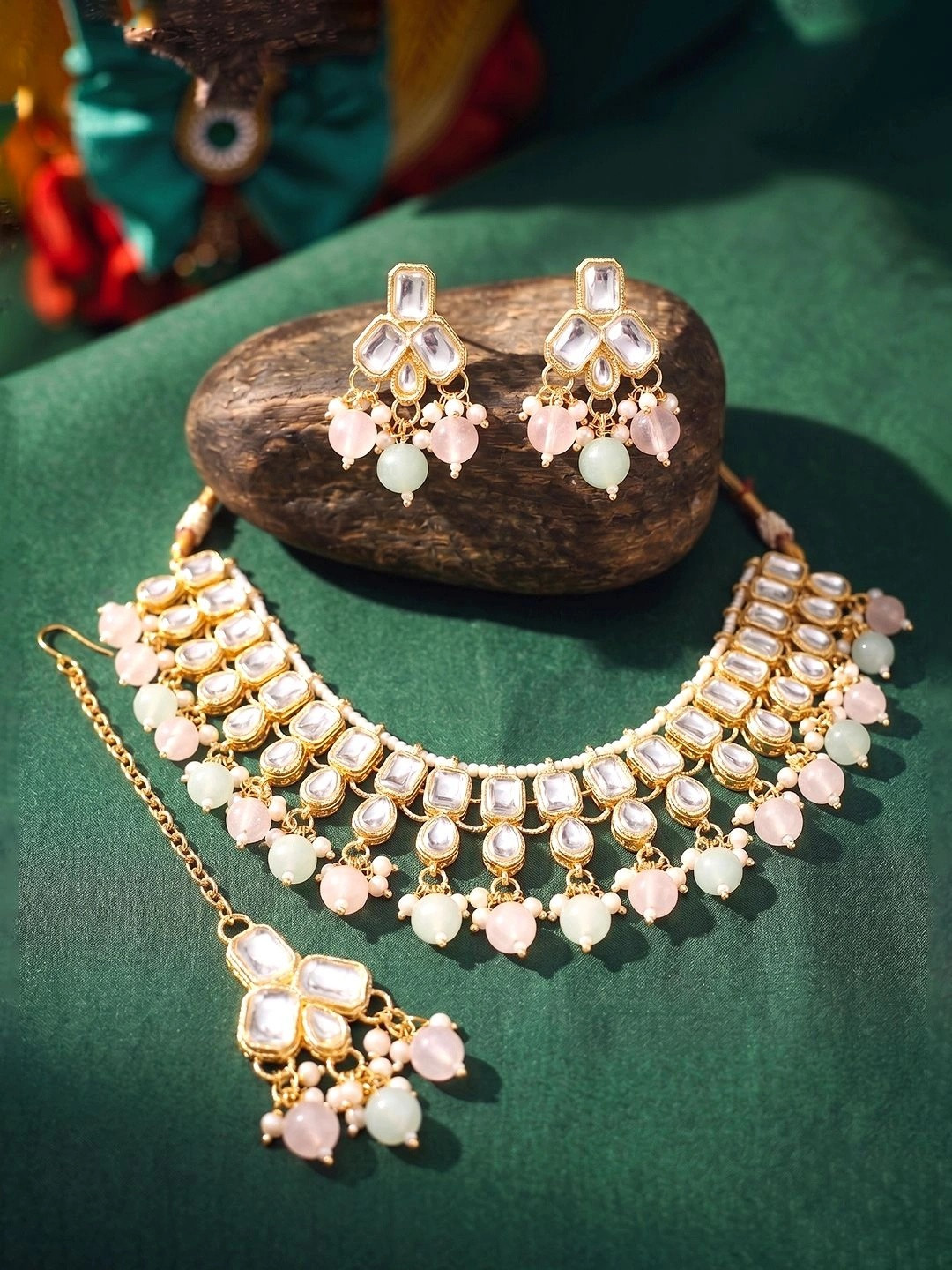Peora Gold-Plated Kundan Maang Tika and Earrings