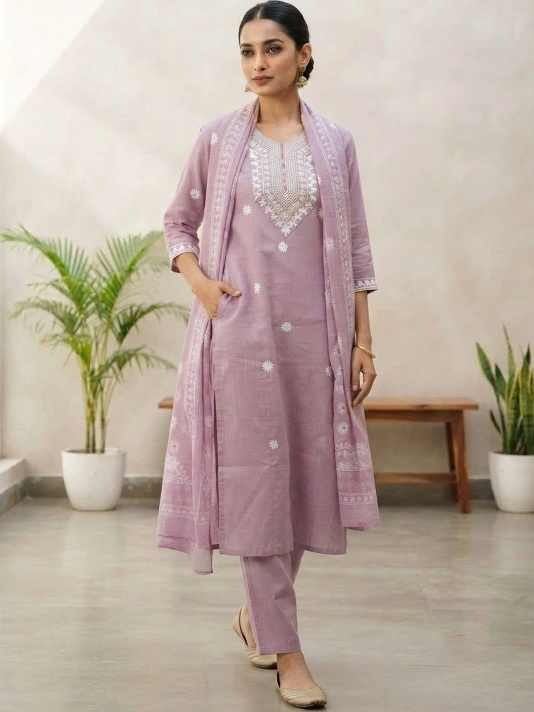 SAMRAGNI Women Ethnic Motifs Embroidered Regular Thread Work Kurta with Trousers & With Dupatta