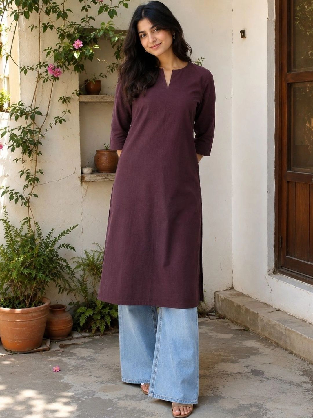 swingal Women Onion Pink Solid Pure Cotton Straight Kurta