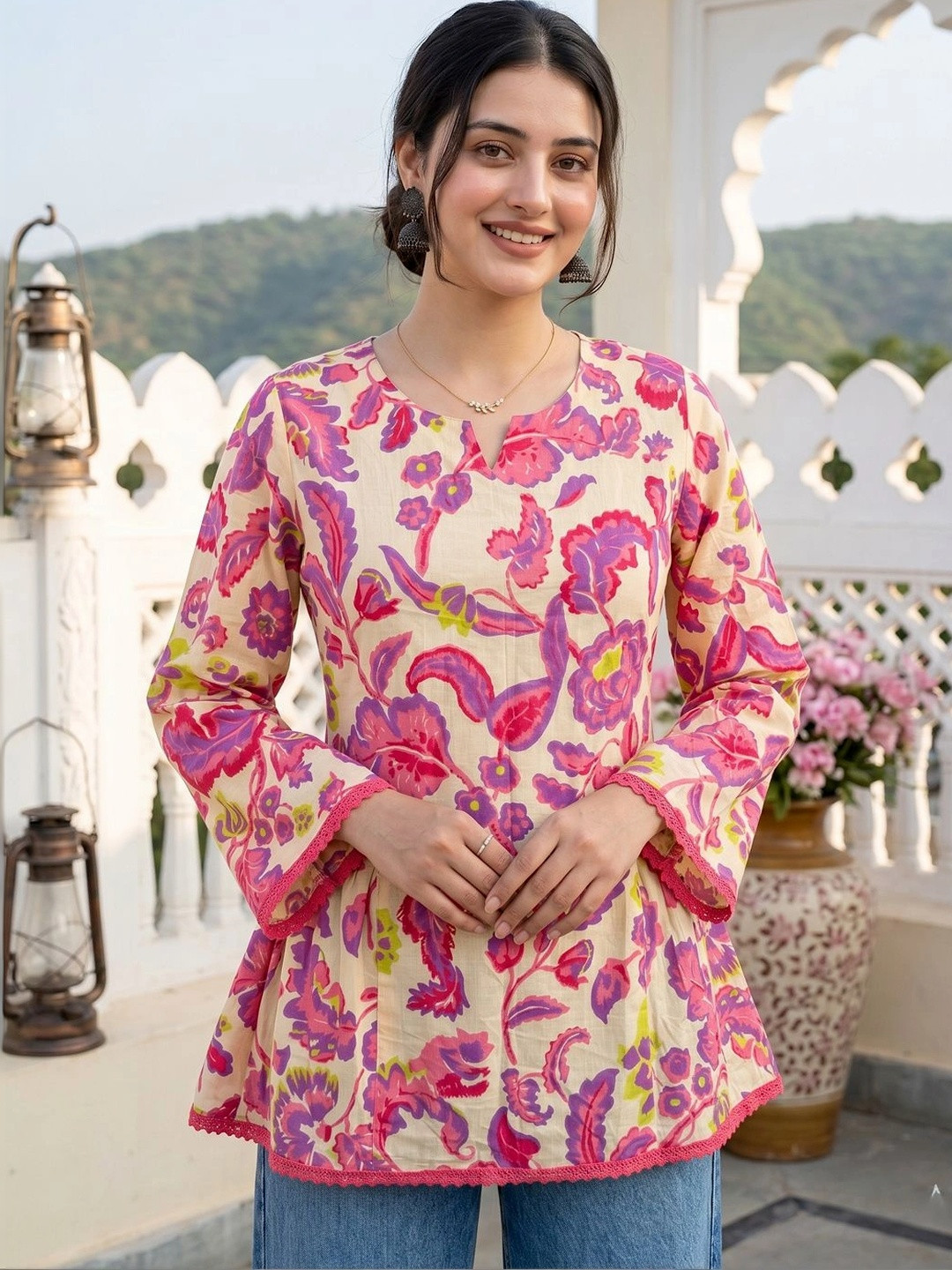 KALINI Floral Printed V-Neck Flared Sleeves Pure Cotton Blend Empire Kurti