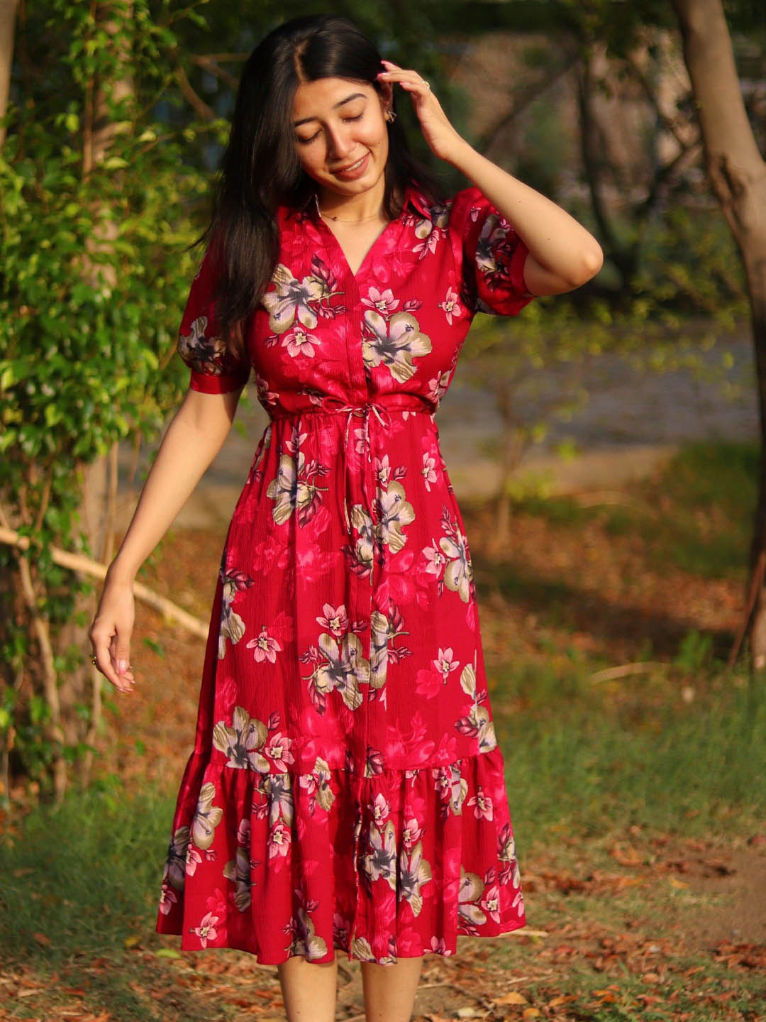 DressBerry Women Floral Printed Shirt Collar Fit & Flare Midi Dress