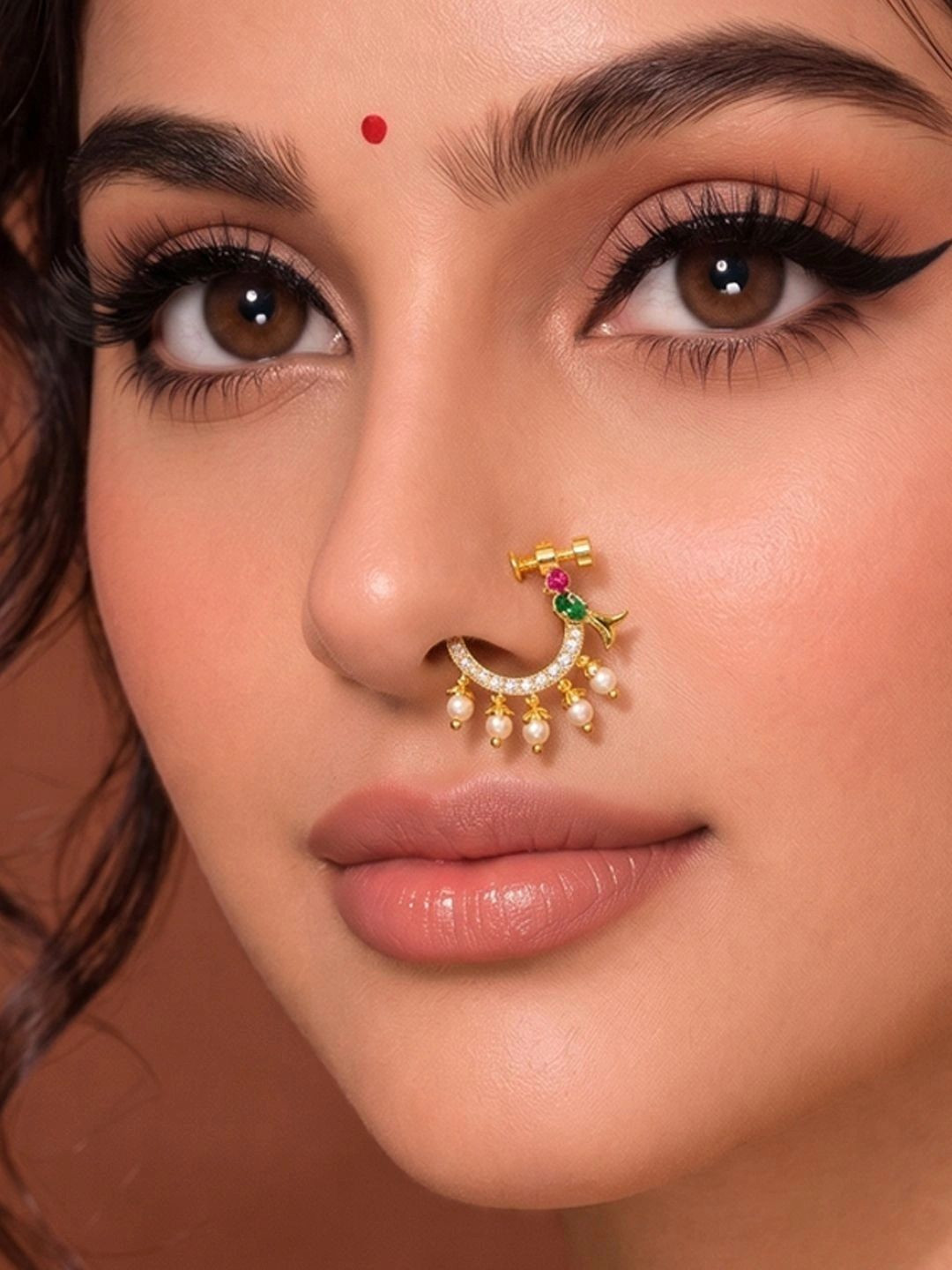 ADIVA Gold-Plated White AD Stone Pearl Bird Clip-On Nose Ring