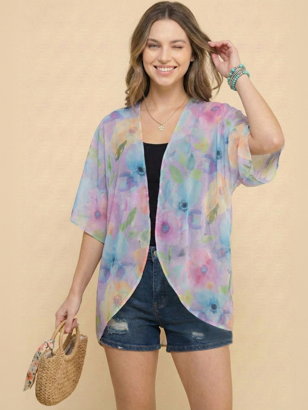 DressBerry Floral Print Kimono Sleeve Georgette Kaftan Top