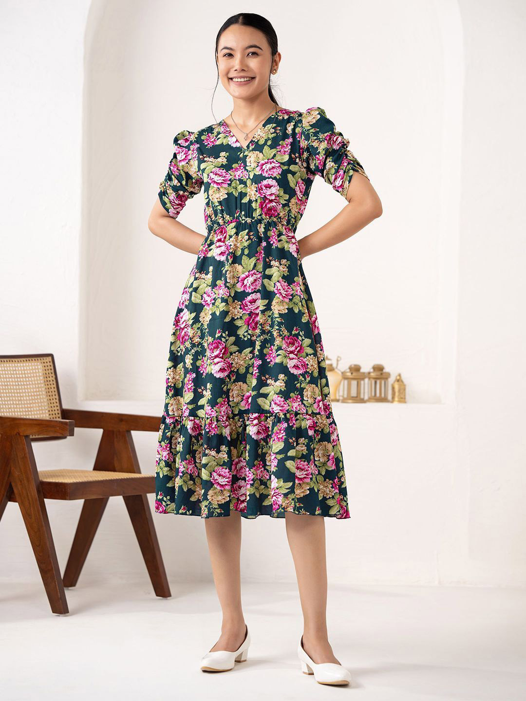 DressBerry Women Floral Print Puff Sleeve Fit & Flare Dress