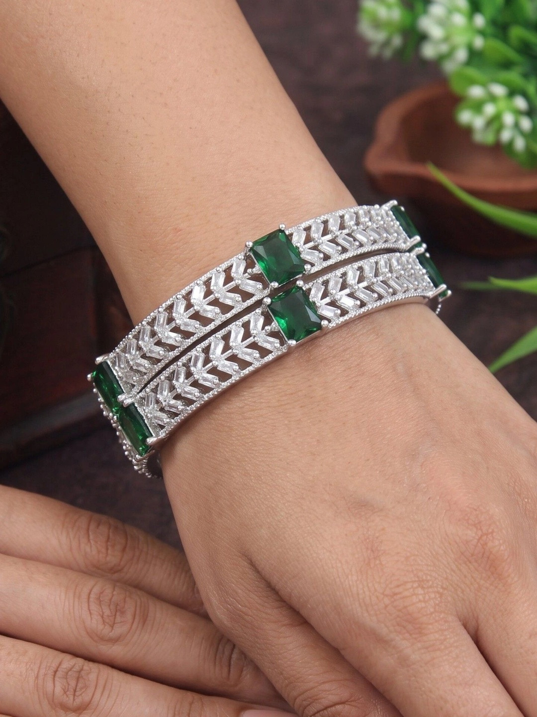 SGA FASHIO Set Of 2 Silver-Plated AD Studded Bangles
