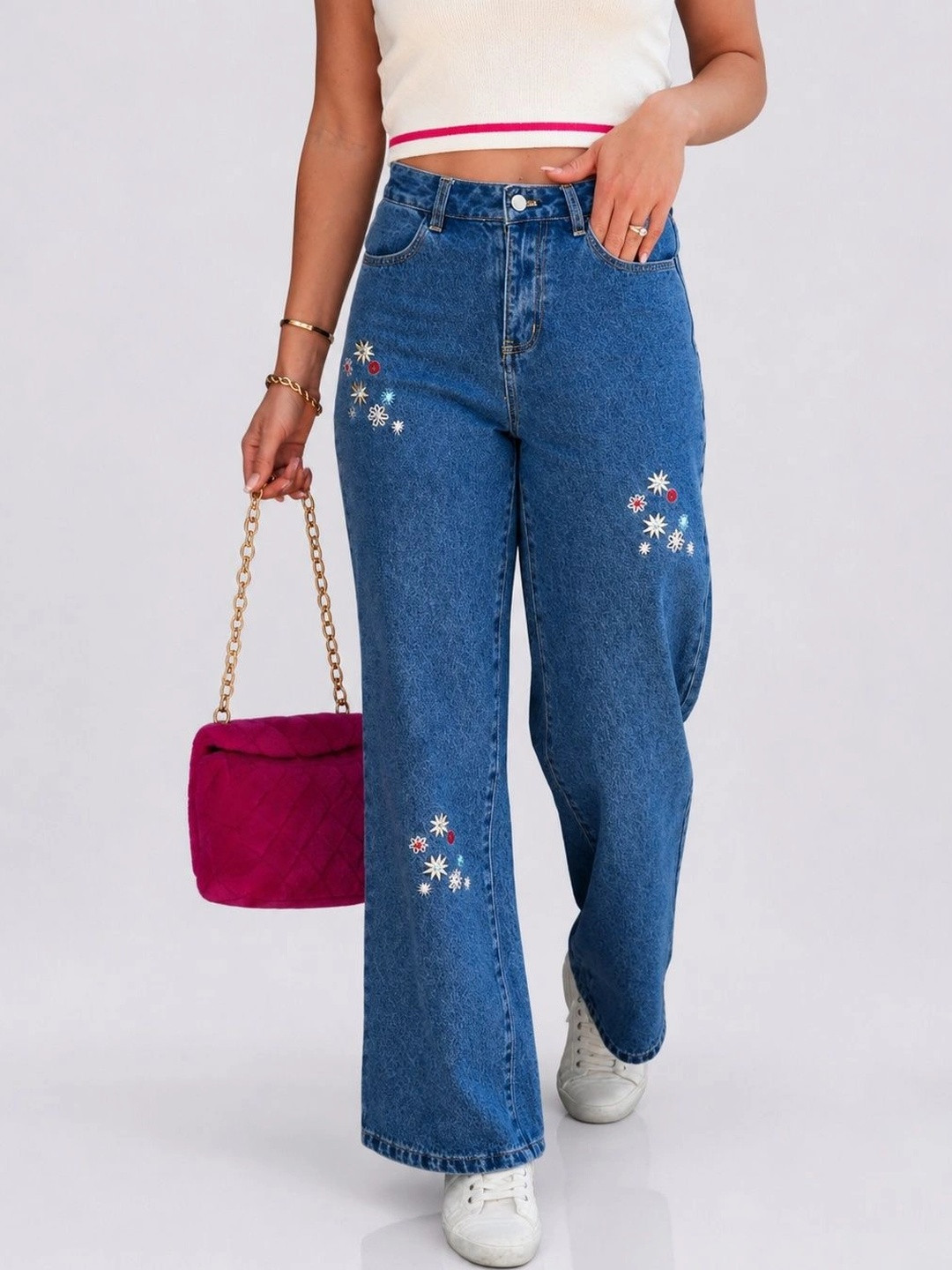 glitchez Women Bootilicious Wide Leg High-Rise Embroidered Stretchable Jeans