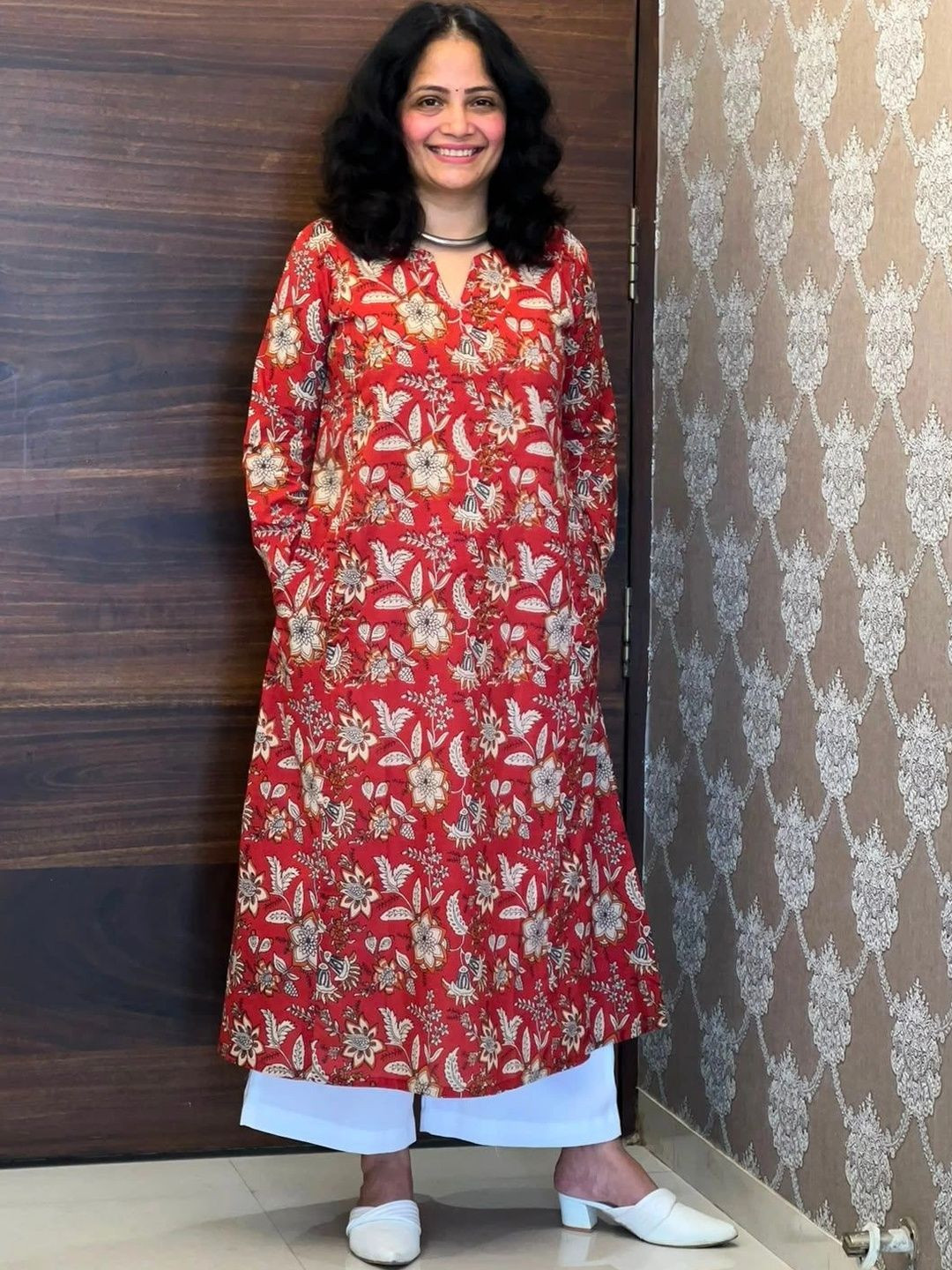 Belle Creations Pune Red Color Rapid Hand Block Pure Cotton A Line Kurta