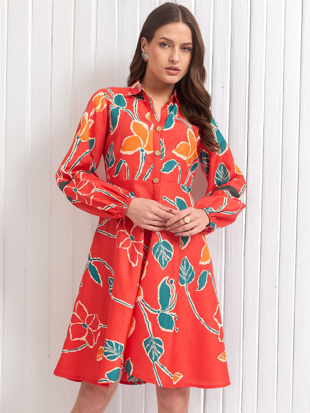 DressBerry Women Floral Printed Shirt Collar Puff Sleeve Shirt Dress