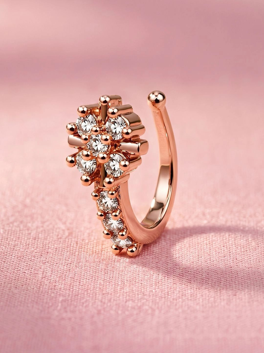 ADIVA Rose Gold-Plated White AD Stone Floral Cluster Clip-On Nose Pin