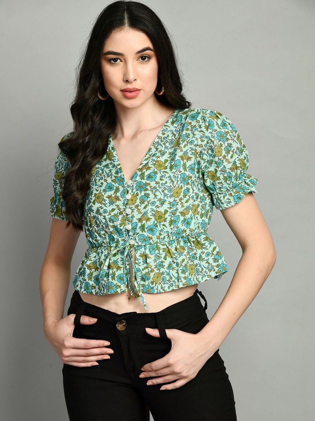 DressBerry Floral Print Puff Sleeve Wrap Crop Top