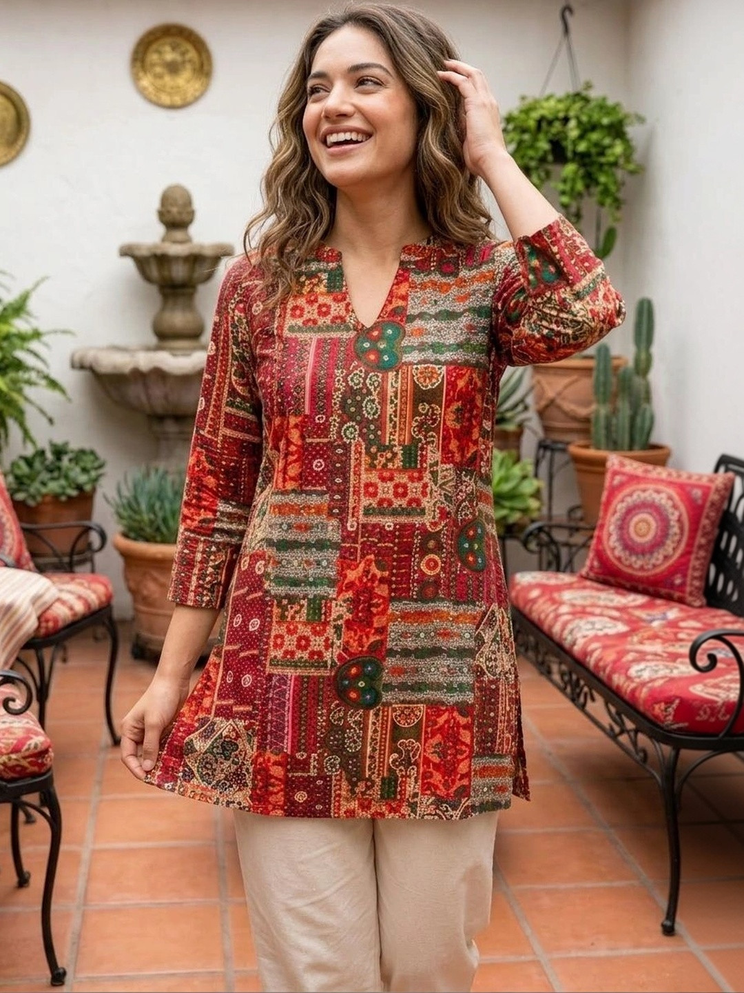Anouk Ethnic Motifs Printed V-Neck Pure Cotton Blend Kurti
