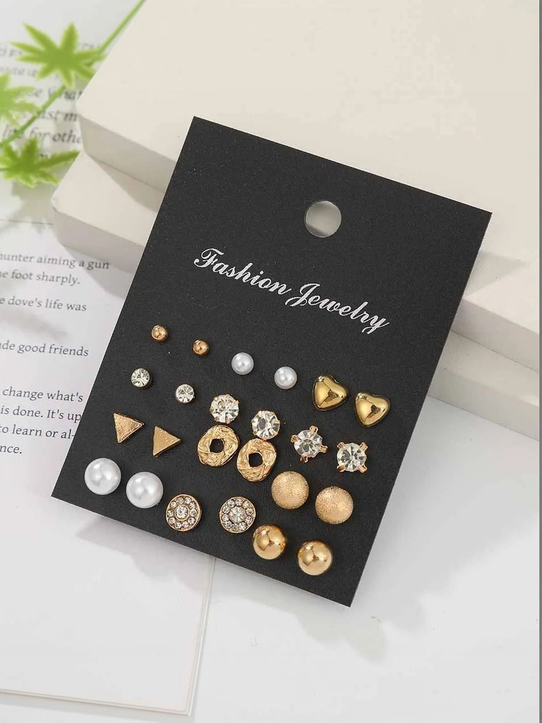 DressBerry Combo Of 12 Pair Gold Plated Heart Triangle Round Pearl Stud Earrings