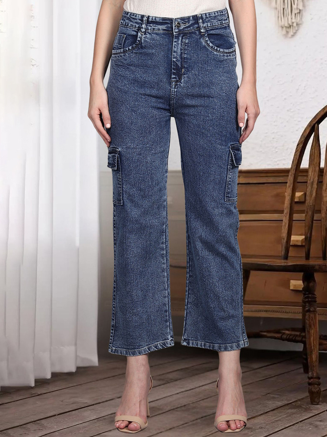 DressBerry Women Comfort Wide Leg High-Rise Light Fade Acid Wash Stretchable Jeans