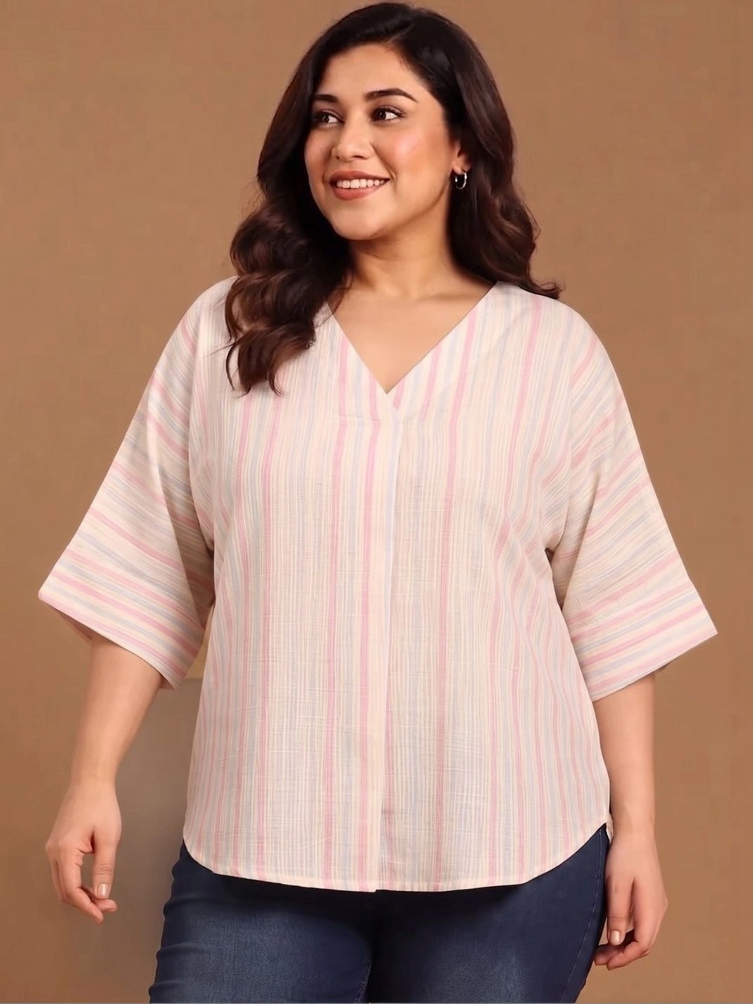 The Pink Moon Striped Batwing Sleeve Linen Top