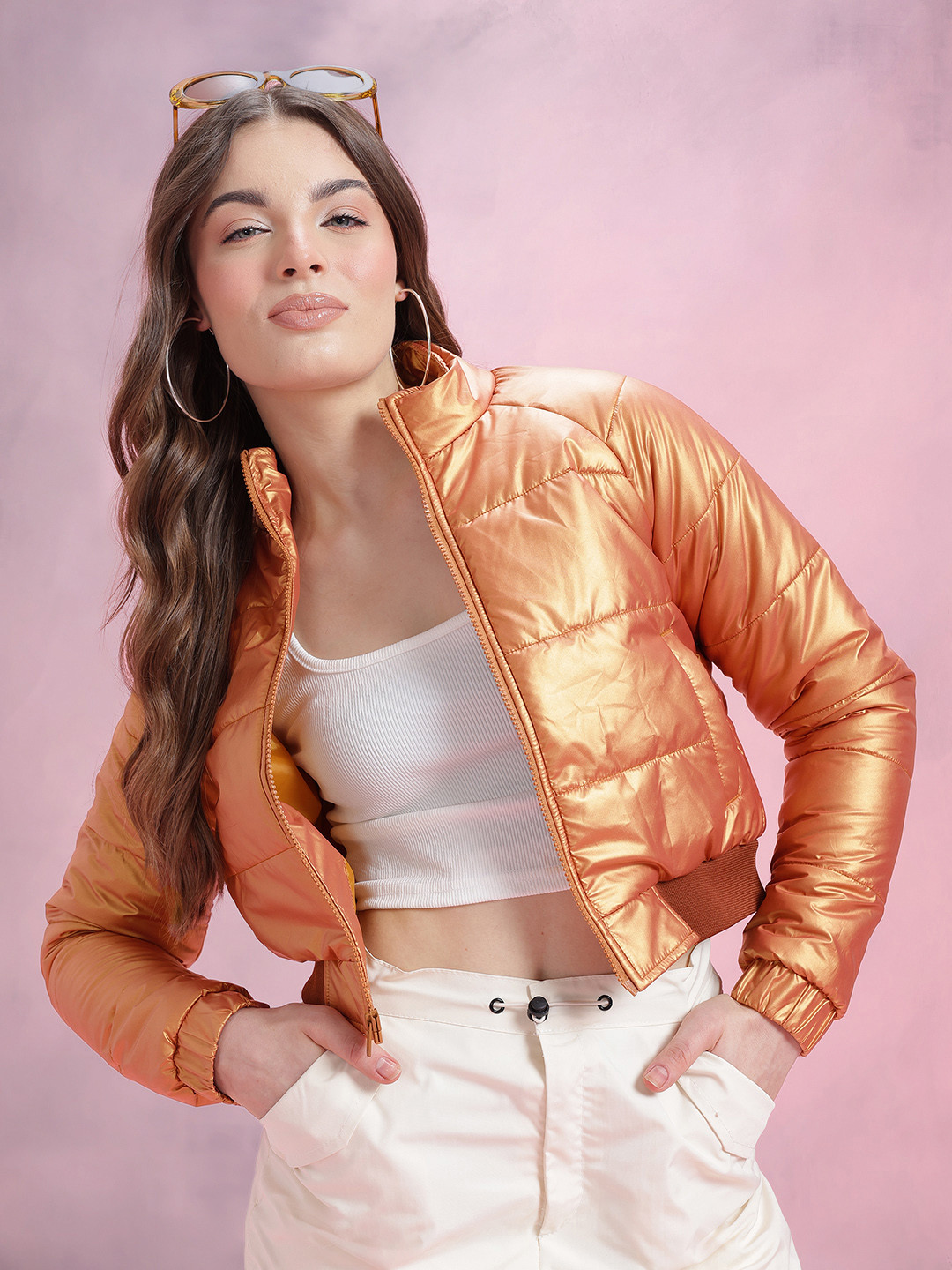 DressBerry Metallic Coated Mock Collar Crop Puffer Jacket